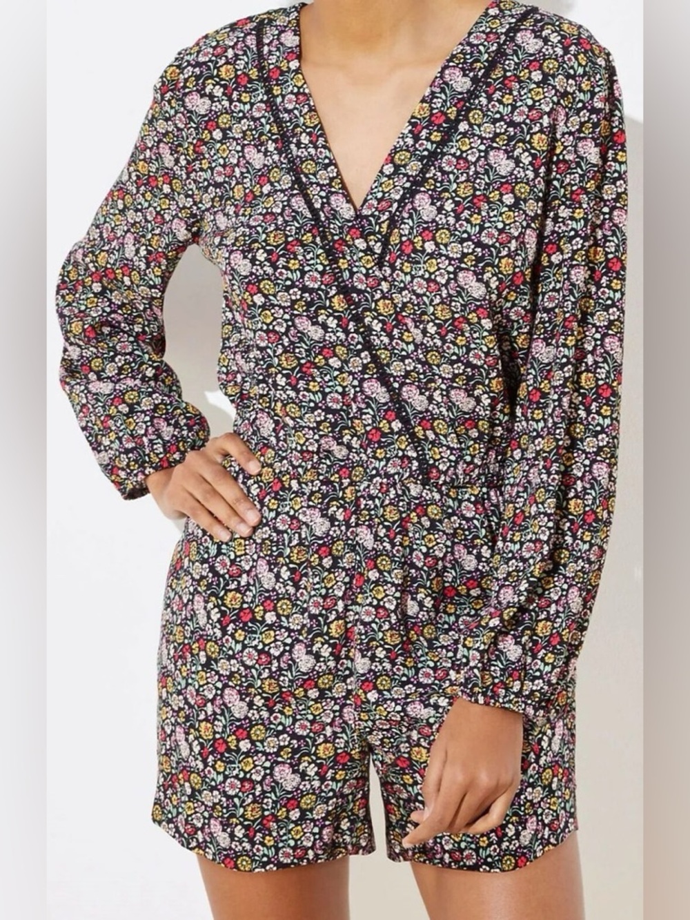 LOFT Medium Floral Romper Black Multicolor Wrap Front Long Sleeve Boho Festival